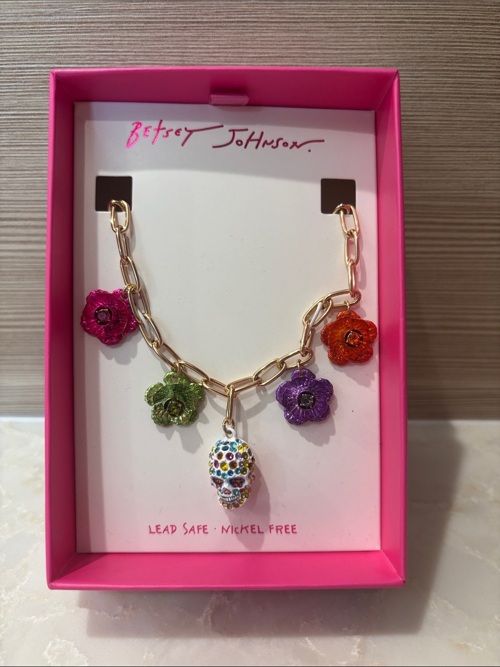 NIB Betsey Johnson Gold Chain Charm Necklace w/Multicolor Flowers & Sugar Skull